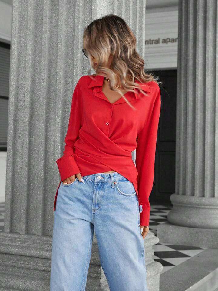 CM-TS464268 Women Elegant Seoul Style Collared Cross-Front Chiffon Long Sleeve Blouse