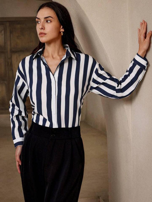 CM-TS261303 Women Casual Seoul Style Collar Neckline Striped Long Sleeve Shirt - Blue