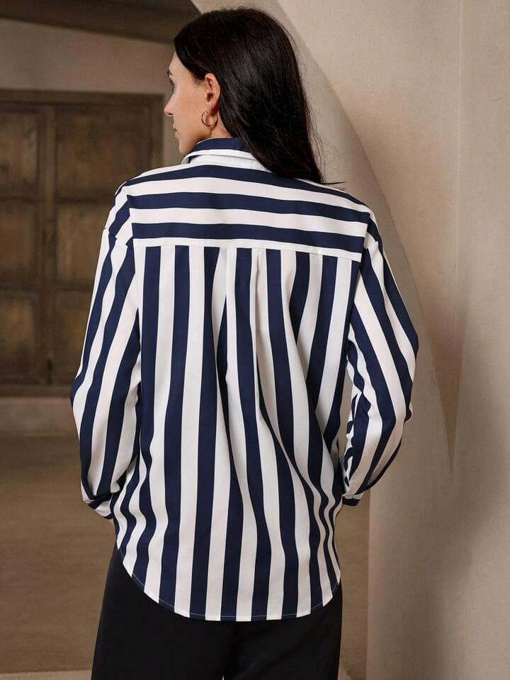 CM-TS261303 Women Casual Seoul Style Collar Neckline Striped Long Sleeve Shirt - Blue