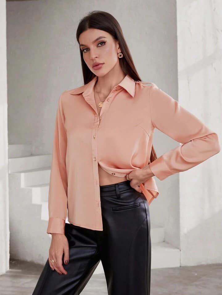 CM-TS961172 Women Casual Seoul Style Collar Neckline Shoulder Straps Long Sleeve Shirt