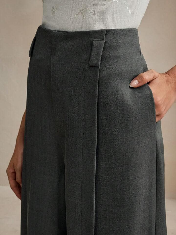 CM-BS007887 Women Elegant Seoul Style High Waist Wide Leg Split Hem Trousers - Dark Gray