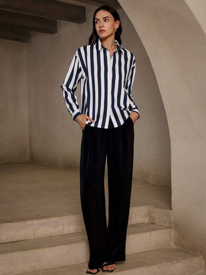 CM-TS261303 Women Casual Seoul Style Collar Neckline Striped Long Sleeve Shirt - Blue
