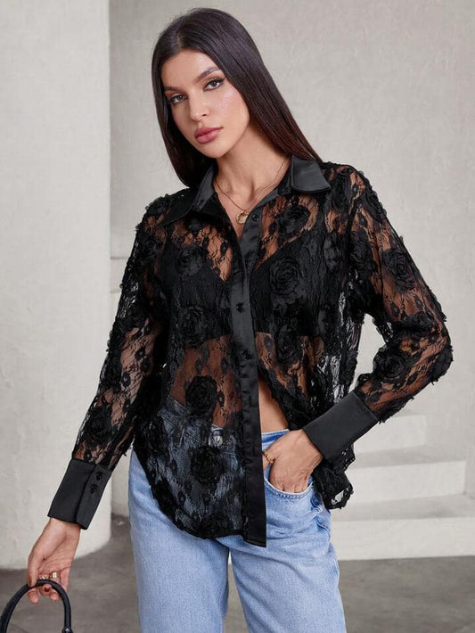 CM-TS674377 Women Casual Seoul Style Minimalist Rose 3D Embroidery Sheer Long Sleeve Blouse