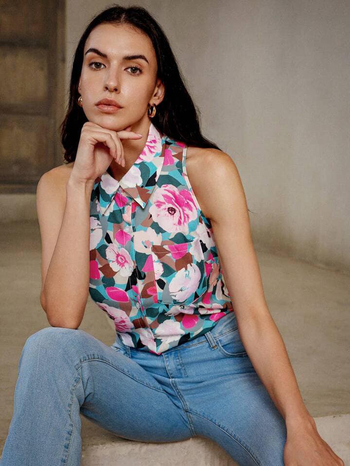 CM-TS802366 Women Trendy Bohemian Style Oil Painting Floral Collar Neckline Sleeveless Shirt