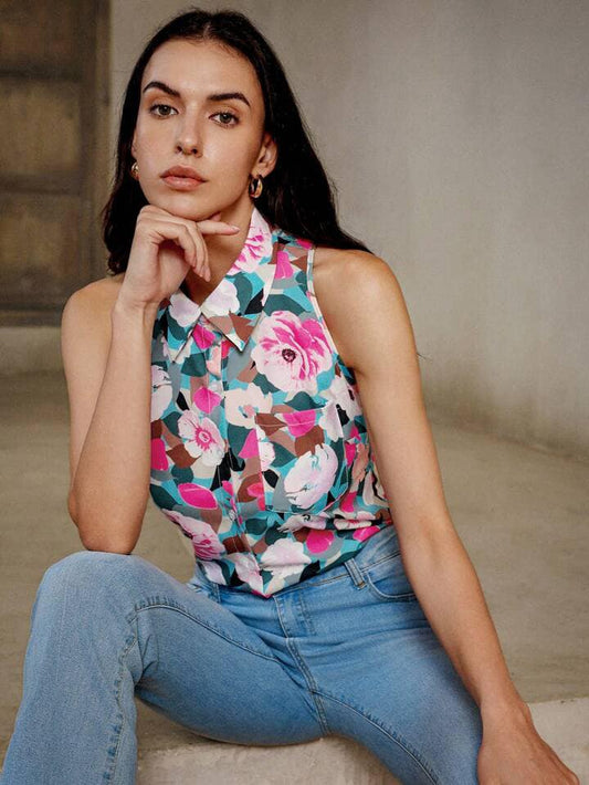 CM-TS802366 Women Trendy Bohemian Style Oil Painting Floral Collar Neckline Sleeveless Shirt