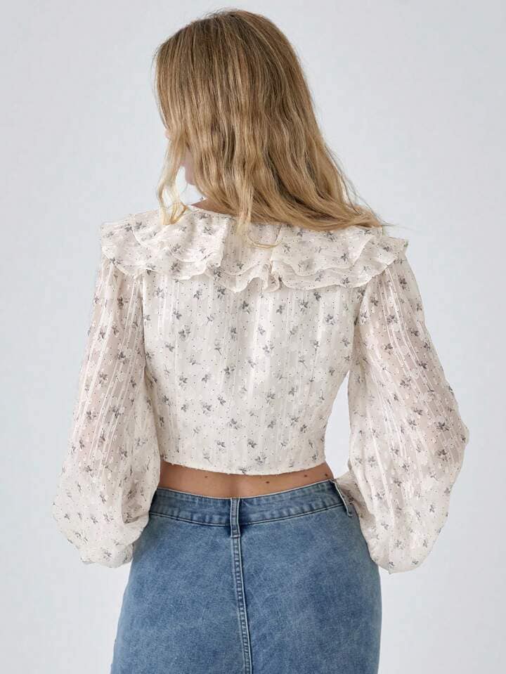 CM-TS988787 Women Casual Seoul Style Ditsy Floral Ruffle Front Tie Lantern Sleeve Cropped Shirt