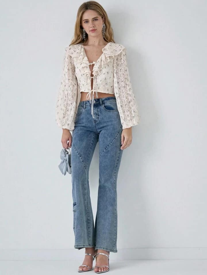 CM-TS988787 Women Casual Seoul Style Ditsy Floral Ruffle Front Tie Lantern Sleeve Cropped Shirt