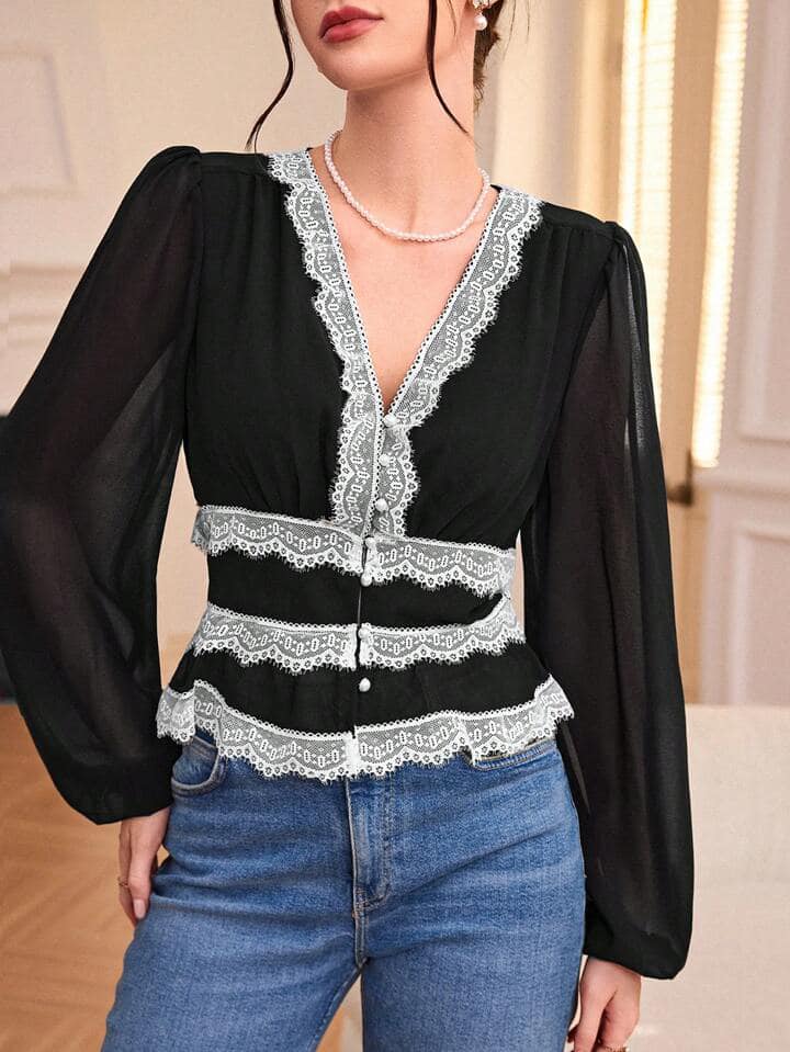 CM-TS966542 Women Elegant Seoul Style Random Lace Trim Patchwork Short Sleeve Blouse - Black