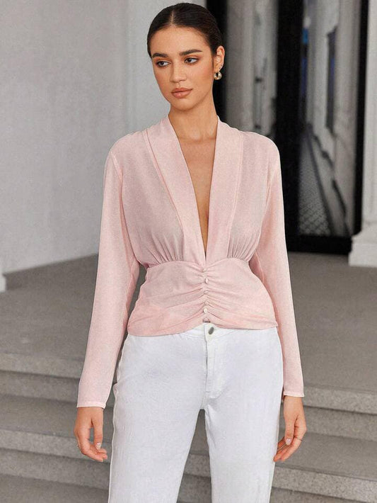 CM-TS475848 Women Elegant Seoul Style V-Neck Faux Button Waistband Ruched Long Sleeve Blouse