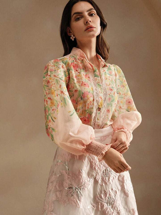 CM-TS509375 Women Trendy Bohemian Style Lace Splice Print Notched Neckline Long Sleeve Blouse