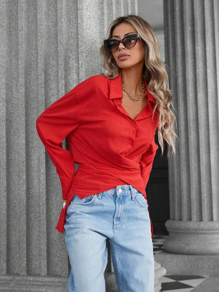 CM-TS464268 Women Elegant Seoul Style Collared Cross-Front Chiffon Long Sleeve Blouse