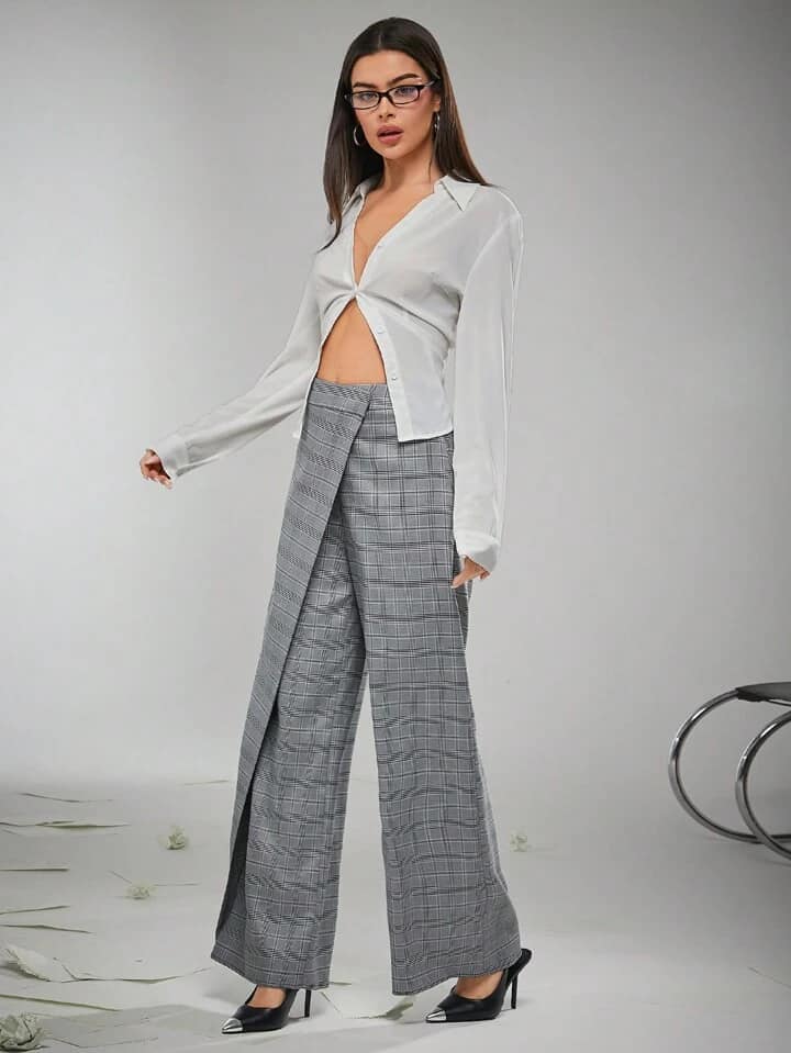 CM-BS706036 Women Elegant Seoul Style Plaid Fold Asymmetrical Wide Leg Pants