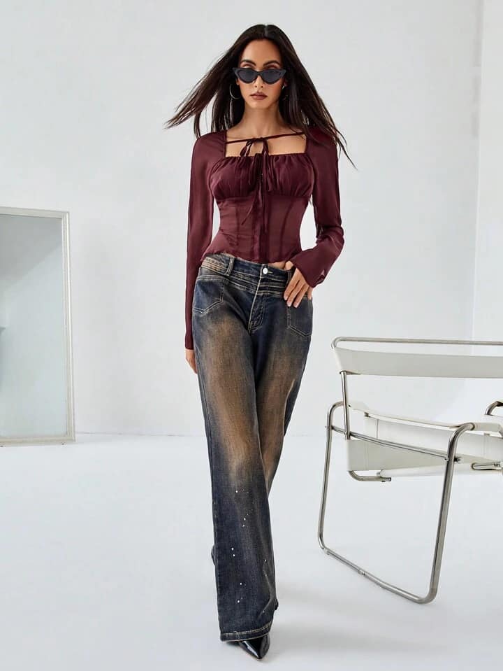 CM-TS019662 Women Casual Seoul Style Square Neckline Long Sleeve Mesh See-Through Top