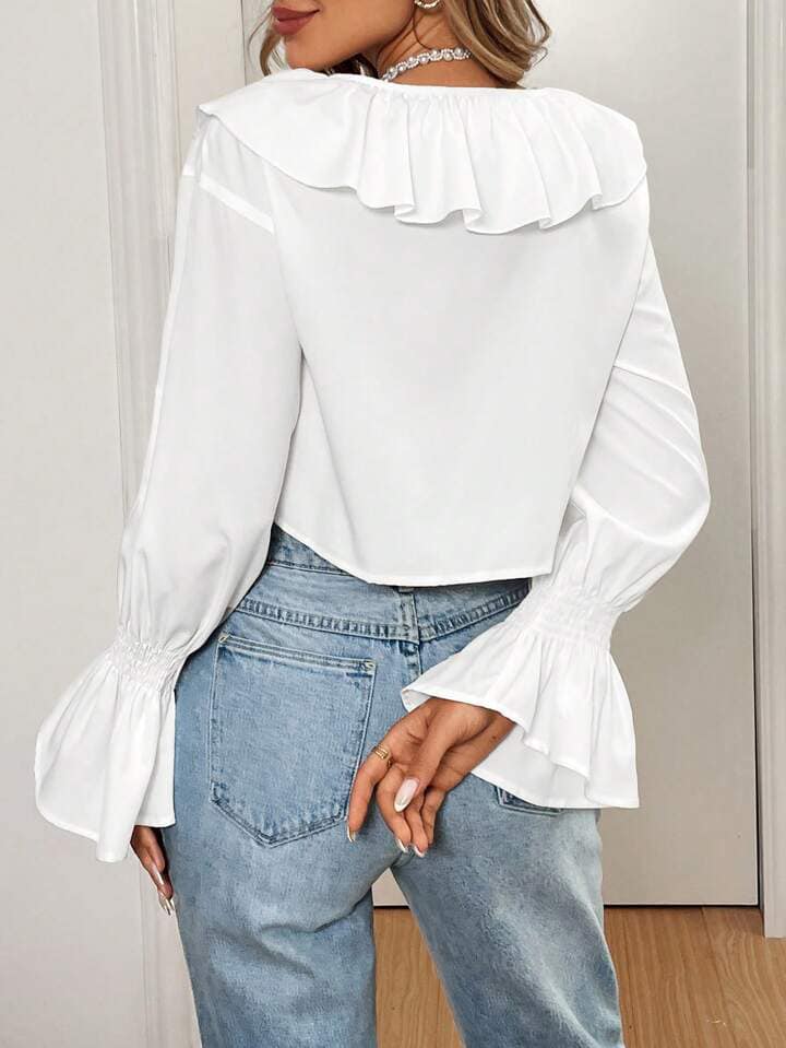 CM-TS965576 Women Casual Seoul Style Ruffle Tie Bow V-Neck Long Sleeve Shirt - White