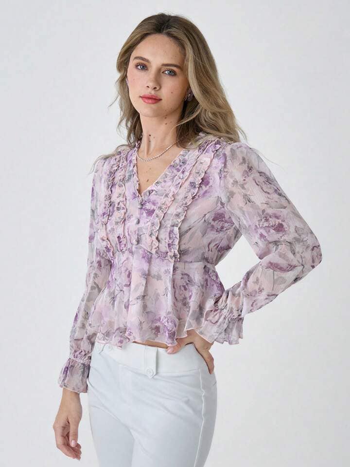 CM-TS586855 Women Elegant Seoul Style Lace Lace Floral Print Long-Sleeved Shirt - Purple
