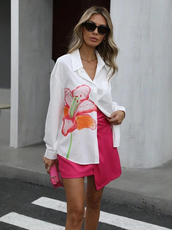 CM-TS421420 Women Casual Seoul Style Print Collar Neckline Long Sleeve Blouse - White