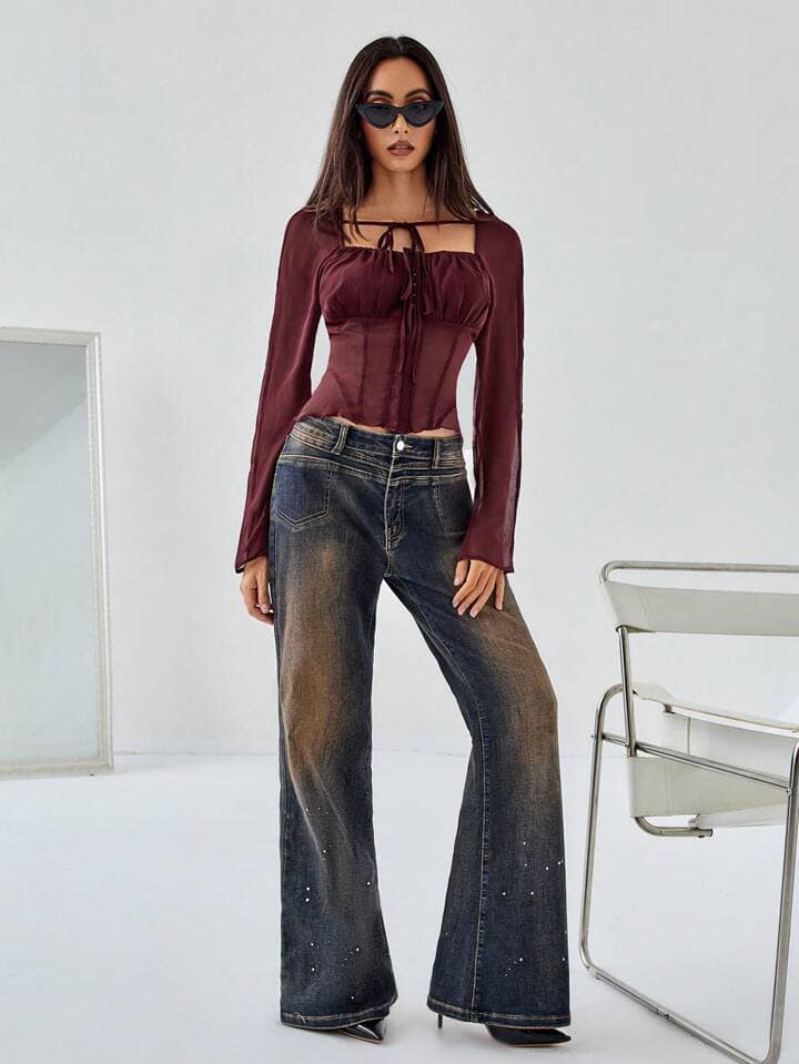CM-TS019662 Women Casual Seoul Style Square Neckline Long Sleeve Mesh See-Through Top