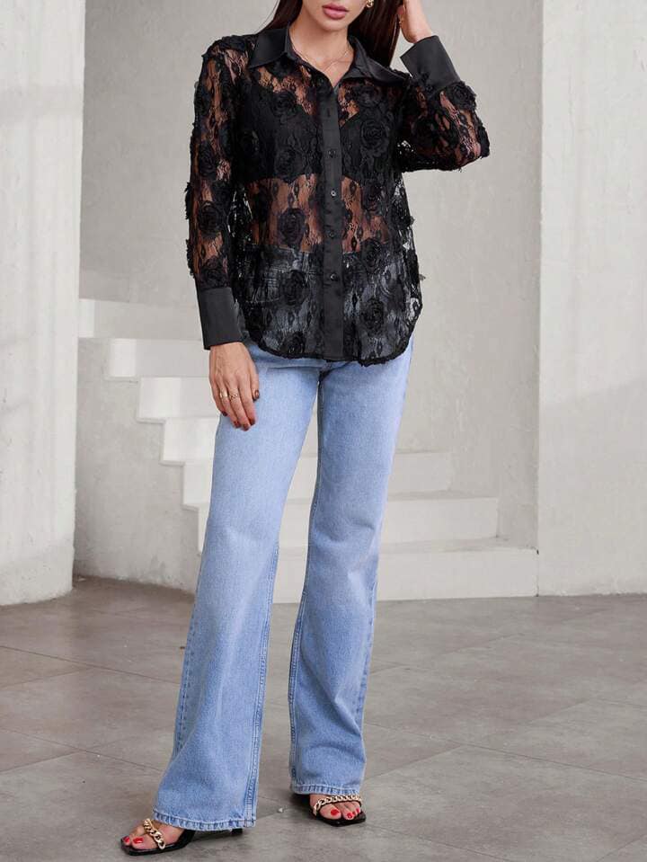 CM-TS674377 Women Casual Seoul Style Minimalist Rose 3D Embroidery Sheer Long Sleeve Blouse