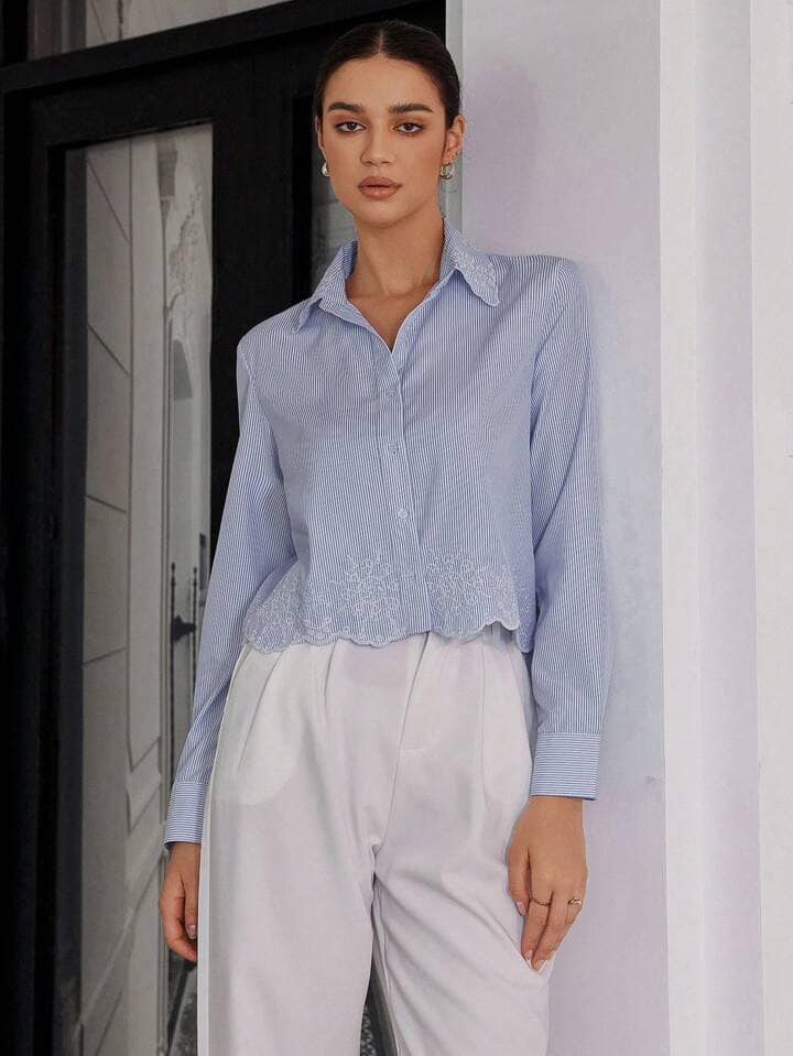 CM-TS440279 Women Casual Seoul Style Embroidery Details Striped Collar Short Sleeve Shirt