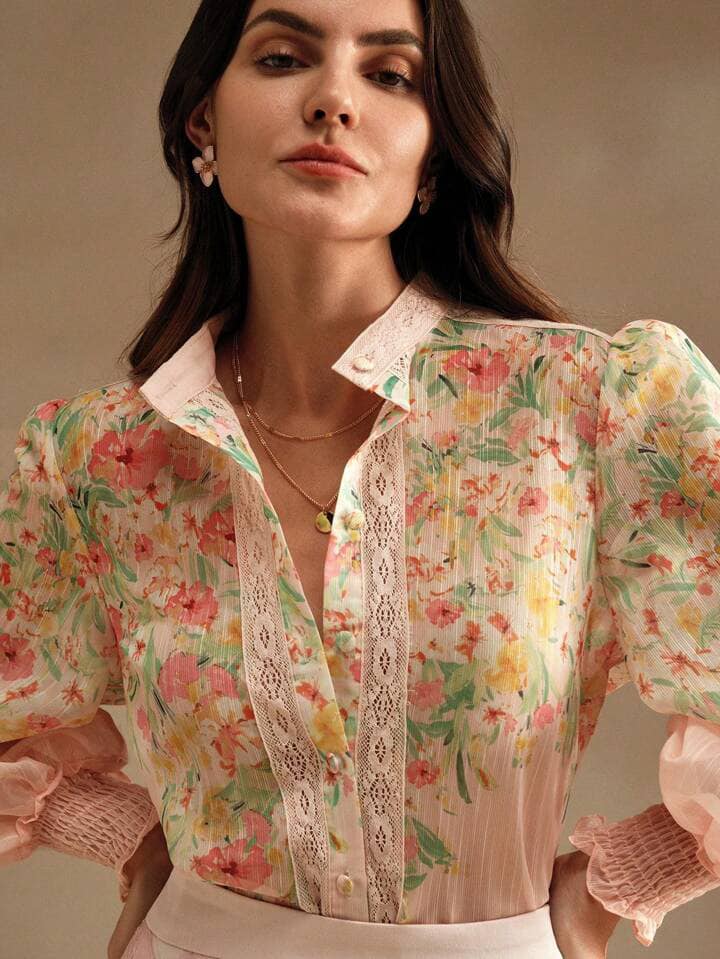 CM-TS509375 Women Trendy Bohemian Style Lace Splice Print Notched Neckline Long Sleeve Blouse