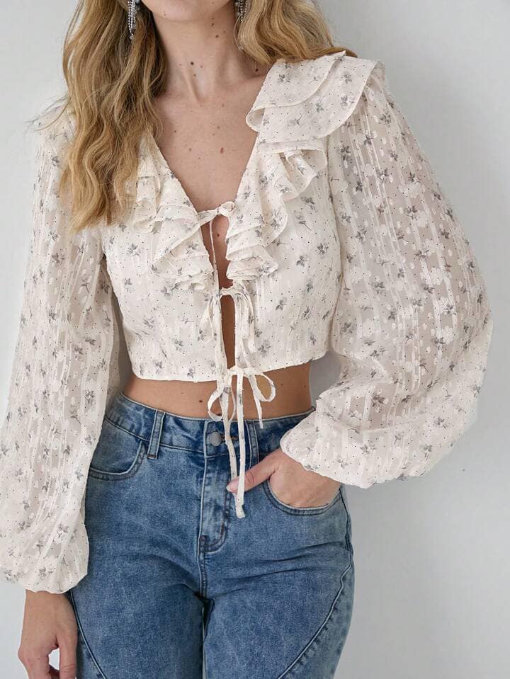 CM-TS988787 Women Casual Seoul Style Ditsy Floral Ruffle Front Tie Lantern Sleeve Cropped Shirt