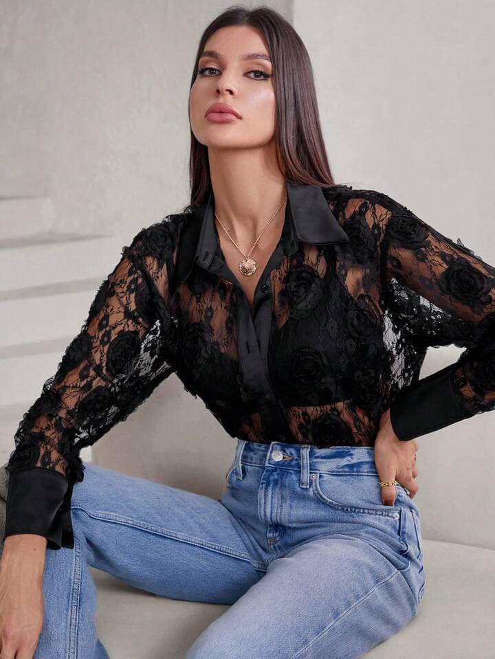 CM-TS674377 Women Casual Seoul Style Minimalist Rose 3D Embroidery Sheer Long Sleeve Blouse