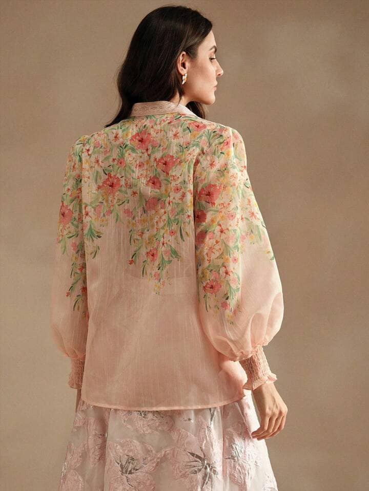 CM-TS509375 Women Trendy Bohemian Style Lace Splice Print Notched Neckline Long Sleeve Blouse