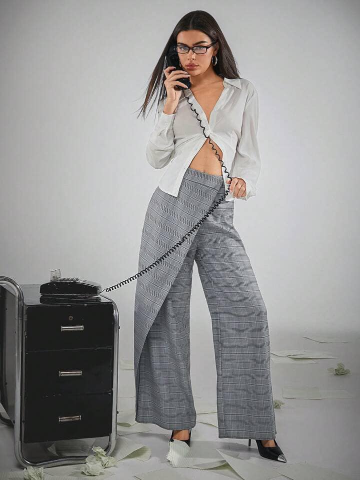 CM-BS706036 Women Elegant Seoul Style Plaid Fold Asymmetrical Wide Leg Pants