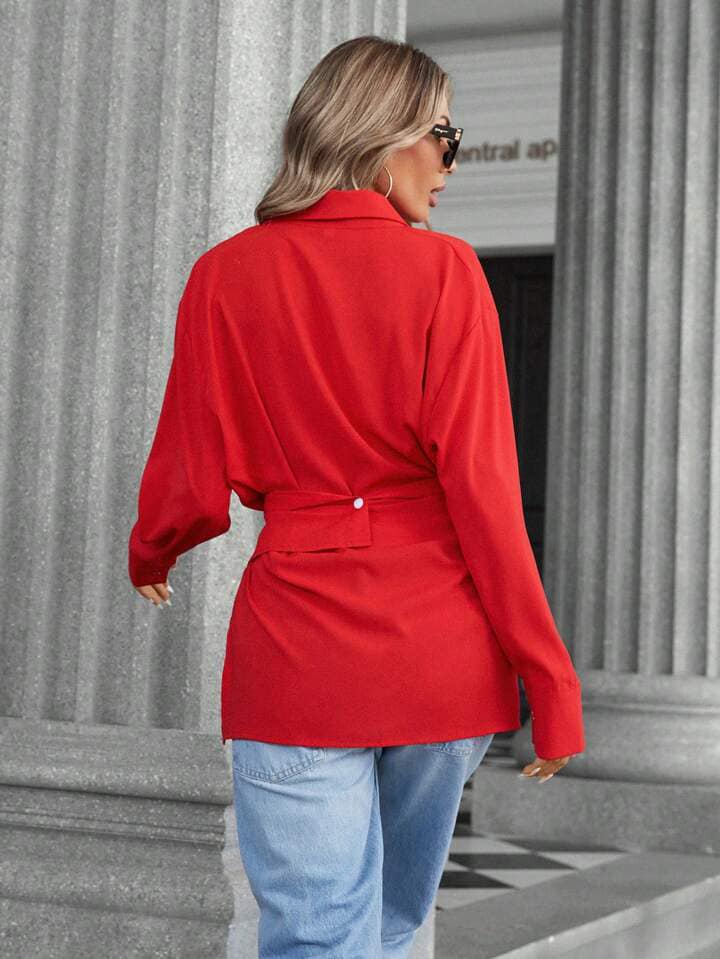 CM-TS464268 Women Elegant Seoul Style Collared Cross-Front Chiffon Long Sleeve Blouse