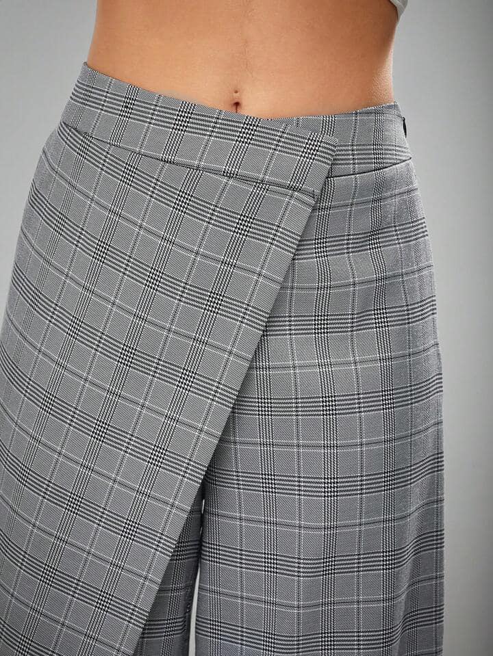 CM-BS706036 Women Elegant Seoul Style Plaid Fold Asymmetrical Wide Leg Pants