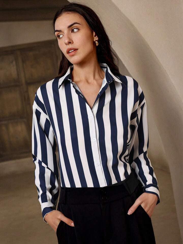CM-TS261303 Women Casual Seoul Style Collar Neckline Striped Long Sleeve Shirt - Blue
