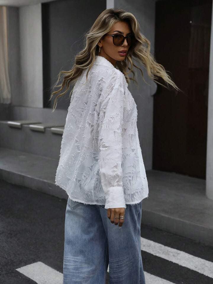 CM-TS440121 Women Trendy Bohemian Style Collared Fringe Textured Long Sleeve Loose Shirt