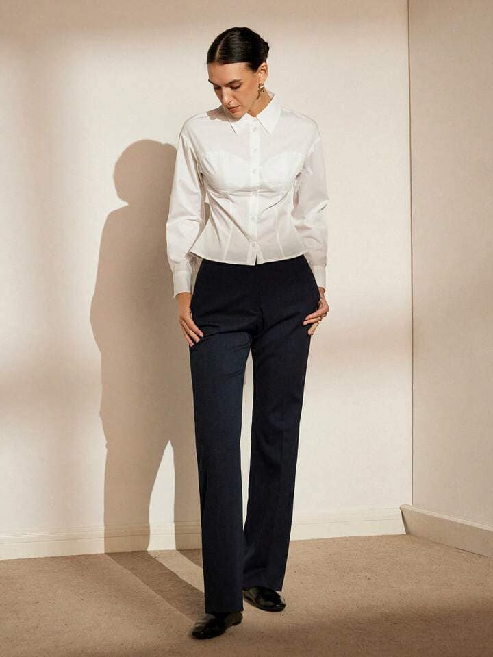 CM-TS681381 Women Elegant Seoul Style Waist-Cutting Padded Bust Long Sleeve Shirt - White