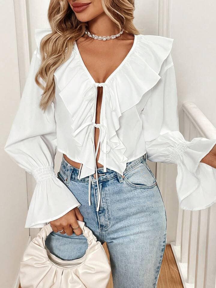 CM-TS965576 Women Casual Seoul Style Ruffle Tie Bow V-Neck Long Sleeve Shirt - White
