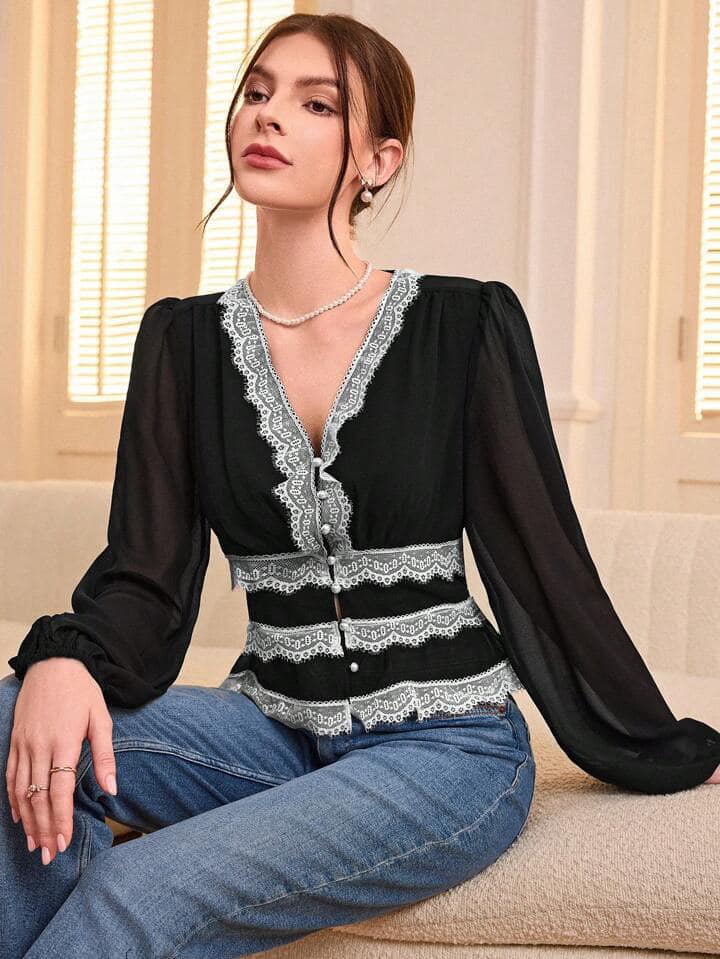 CM-TS966542 Women Elegant Seoul Style Random Lace Trim Patchwork Short Sleeve Blouse - Black