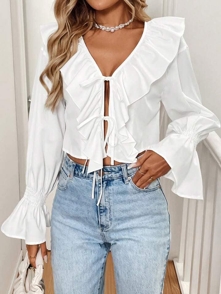 CM-TS965576 Women Casual Seoul Style Ruffle Tie Bow V-Neck Long Sleeve Shirt - White