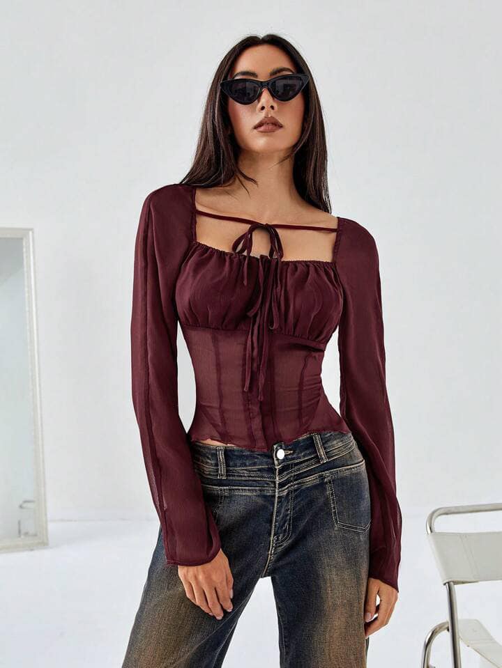 CM-TS019662 Women Casual Seoul Style Square Neckline Long Sleeve Mesh See-Through Top