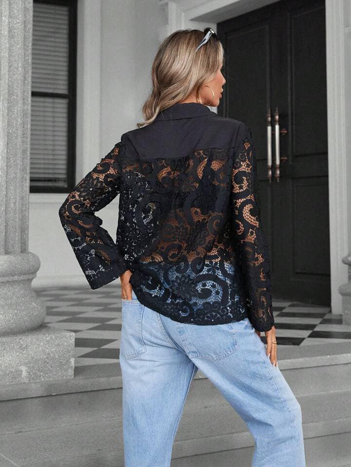 CM-TS021089 Women Elegant Seoul Style V-Neck Long Sleeve Lace Hollow Out Loose Blouse