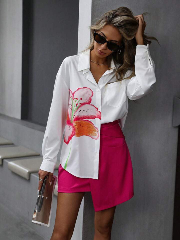 CM-TS421420 Women Casual Seoul Style Print Collar Neckline Long Sleeve Blouse - White