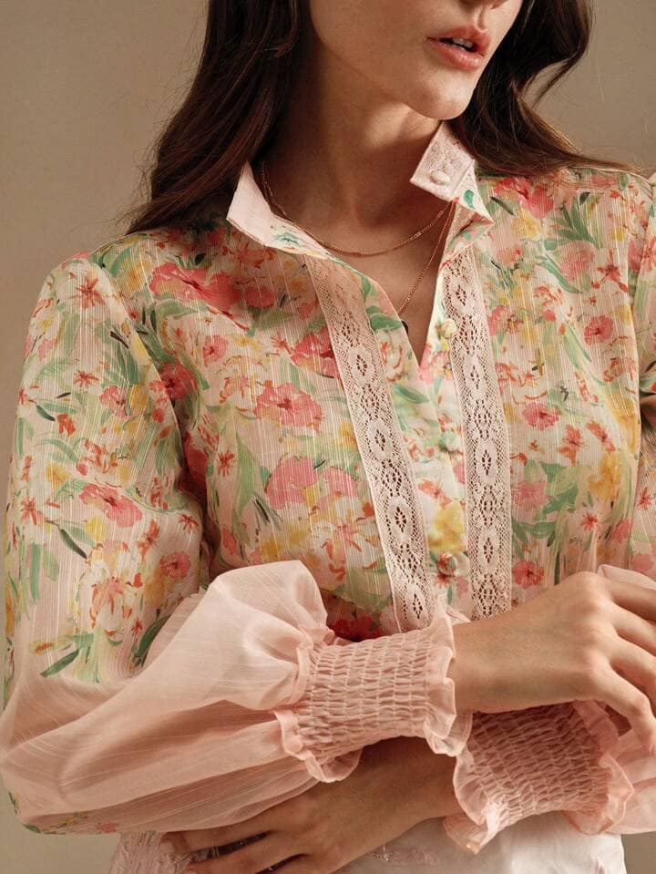 CM-TS509375 Women Trendy Bohemian Style Lace Splice Print Notched Neckline Long Sleeve Blouse