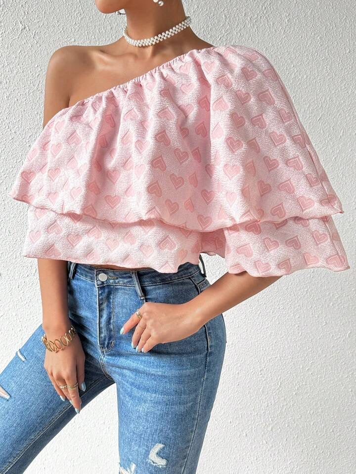 CM-TS298526 Women Casual Seoul Style Heart Shaped Design Oblique Shoulder Blouse