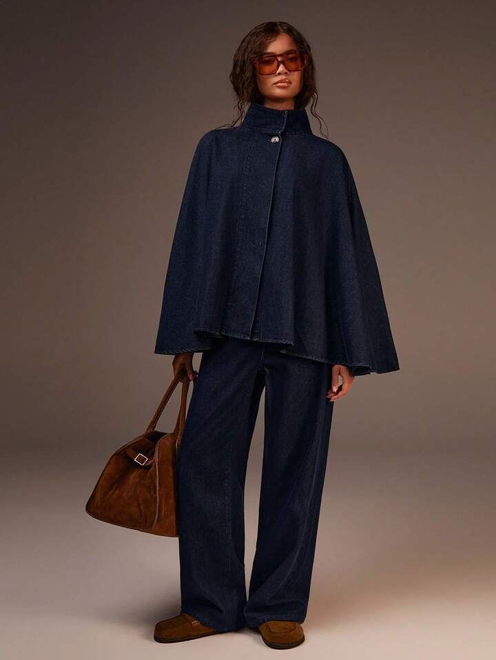 CM-CS829682 Women Casual Seoul Style Stand Collar Wide Draped Oversized Denim Cape Coat - Blue