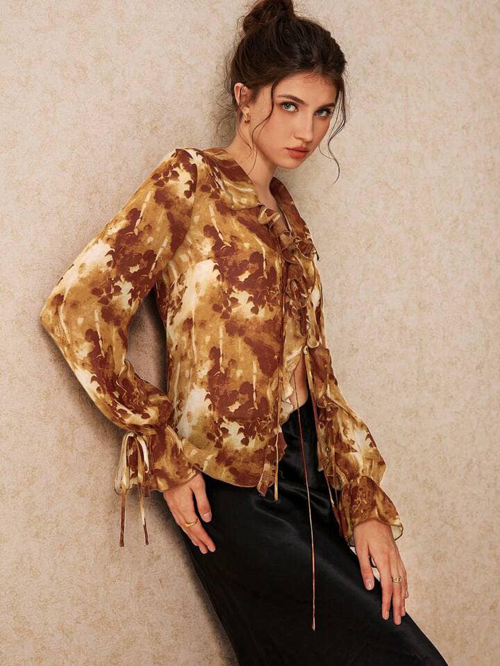 CM-TS843217 Women Trendy Bohemian Style Mesh See-Through Print Lace-Up Long Sleeve Shirt