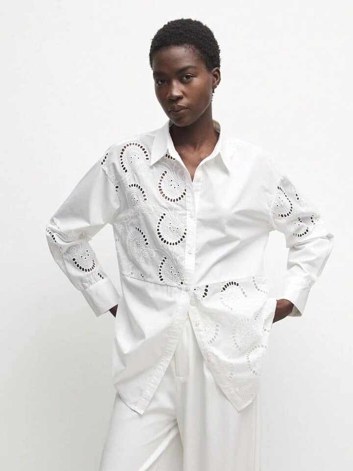 CM-TS488209 Women Casual Seoul Style Floral Hollow Embroidery Drop Shoulder Long Sleeve Shirt