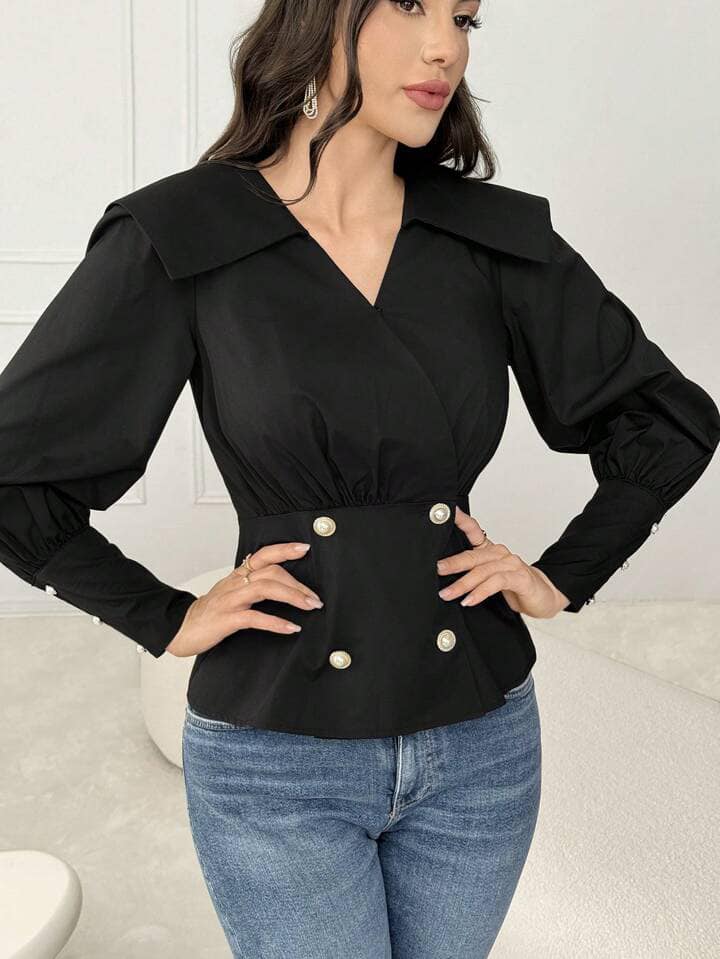 CM-TS585521 Women Elegant Seoul Style Solid Color Button Decorated V-Neck Long Sleeve Blouse