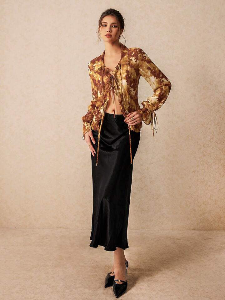 CM-TS843217 Women Trendy Bohemian Style Mesh See-Through Print Lace-Up Long Sleeve Shirt