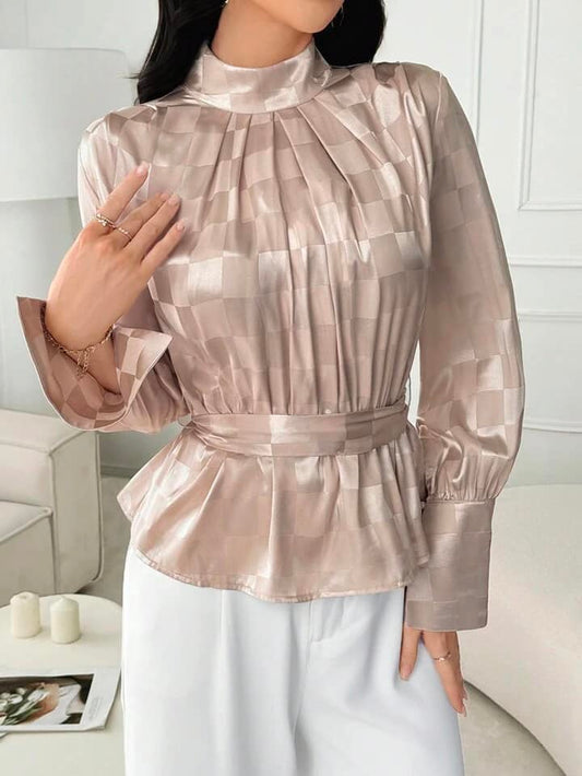 CM-TS669011 Women Elegant Seouol Style Checkerboard Stand Collar Long Sleeve Blouse