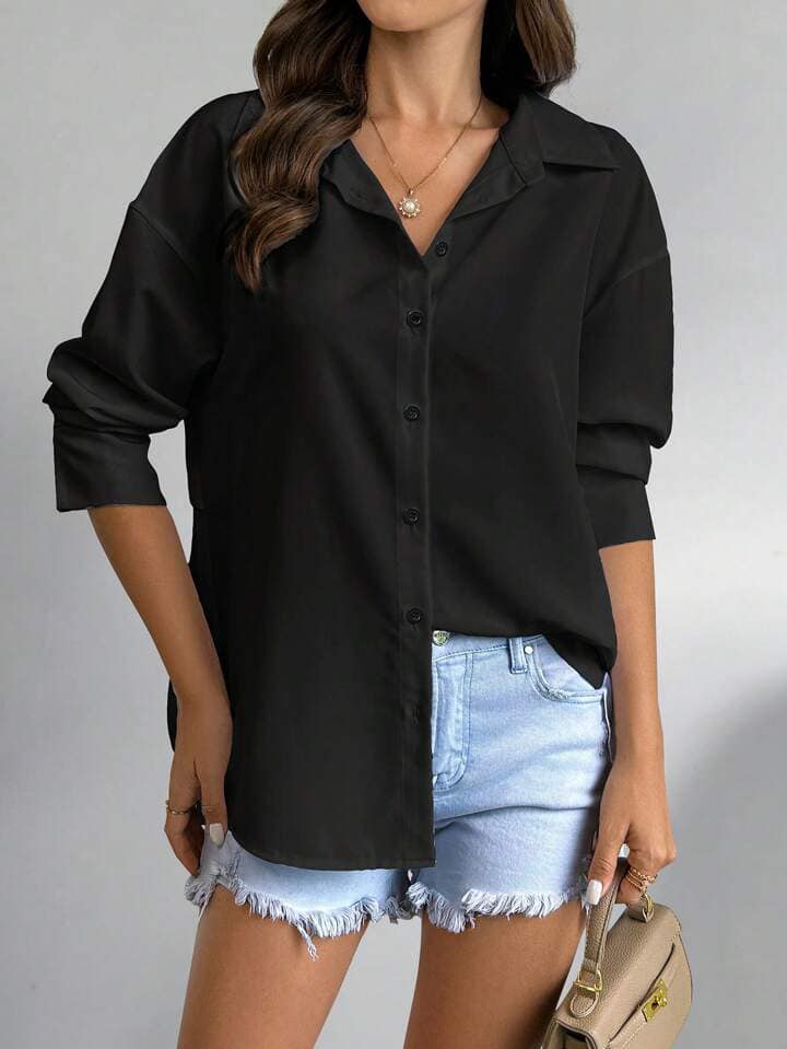 CM-TS764676 Women Casual Seoul Style Plain Button Down Long Sleeve Blouse With Pleated Back