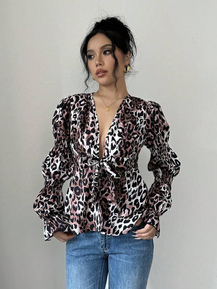 CM-TS614776 Women Casual Seoul Style Front Open Tie Waist Long Sleeve All-Over Print Blouse