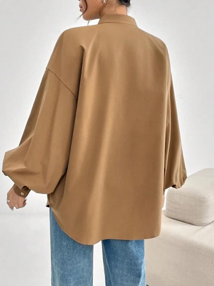 CM-TS933303 Women Elegant Seoul Style Solid Color Stand Collar Lantern Sleeve Blouse - Brown